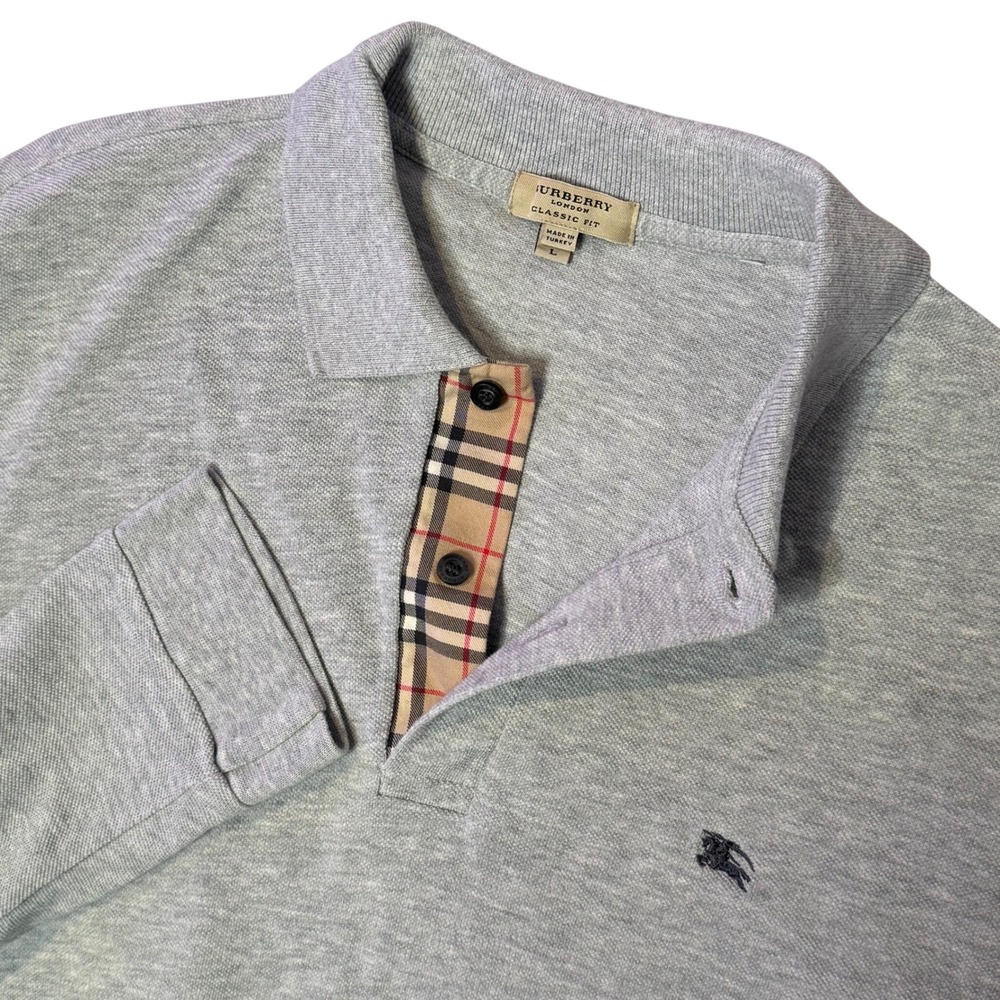 Burberry London Classic Fit Long Sleeve Polo Shirt Grey Nova Check Mens Large